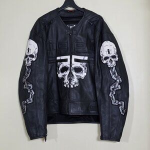 Icon Skull Leather Jacket Men 2XL Black Biker Zip LS Pockets Snaps Padded Chains